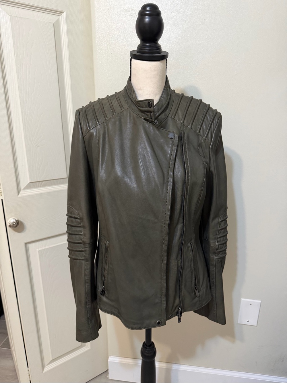 Bod & Christensen Lambskin Leather Olive Green Moto Jacket